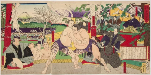 Combat des lutteurs de sumo Koyonagi Tsunekichi et Arauma Daigoro