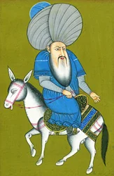 Nasreddin Hodja chevauchant son cheval à l