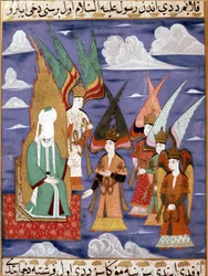 Le prophète Muhammad (Mahomet ou Muhammad) (570-632) (visage couvert) lors de son voyage nocturne miniature persane du 18e siècle. Musée Topkapi Istanbul Turquie