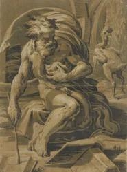 Diogène, assis devant son tonneau, lisant un livre, un coq déplumé debout derrière, vers 1527-30