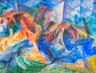 Cheval, cavalier et bâtiments