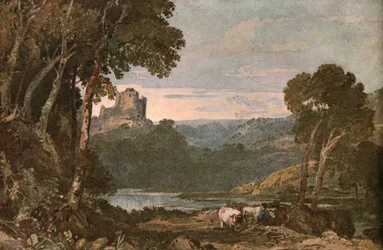 Scène de rivière avec des vaches, vers 1900