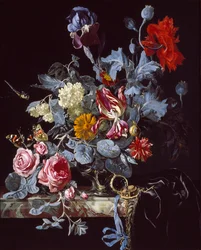 Vase de fleurs avec une montre, milieu du XVIIe siècle