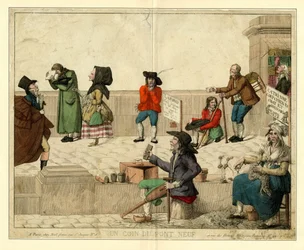 Un coin du Pont Neuf, Paris, avec des mendiants boiteux et des vendeurs de rue, vers 1813