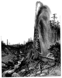 Un jaillissement dans les champs pétrolifères de Pennsylvanie, USA, 1886