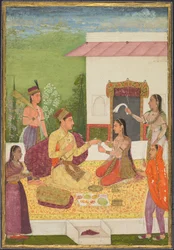 Un prince conversant avec une femme en prenant des rafraîchissements sur une terrasse, vers 1710-1720