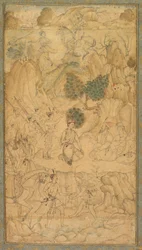Un prince visitant un saint homme dans un paysage rocheux