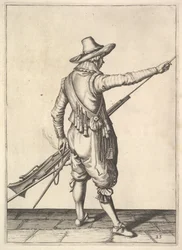 Un soldat tirant la baguette de son support, de la série des Mousquetaires, planche 25, dans Wap...