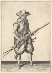 Un soldat secouant la poudre du haut de la poêle, de la série des Mousquetaires, planche 19