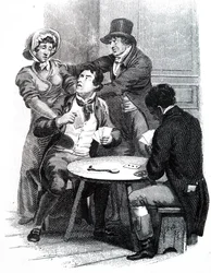 Une femme essayant de retirer son mari de la table de jeu