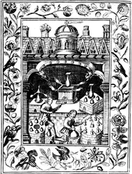 Laboratoire alchimique montrant diverses formes de fourneaux et de vaisseaux, 1652