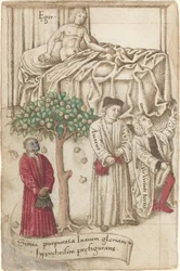 Un singe en violet avec un homme malade, un homme bon et un avare [fol. 36 verso], vers 1512-1515