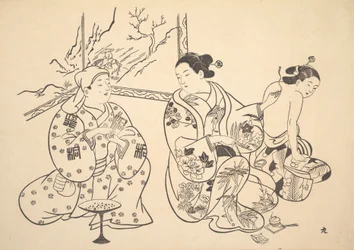 Une Oiran assise dans un salon applique le traitement au feu sur le dos nu d