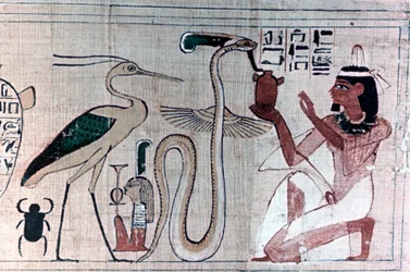 Papyrus égyptien ancien de la mort agenouillé devant un serpent