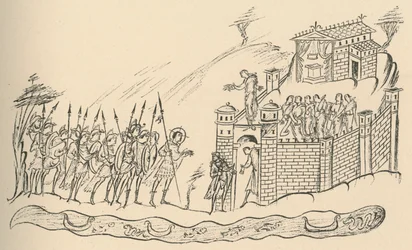 Guerriers anglo-saxons approchant un fort, 1908