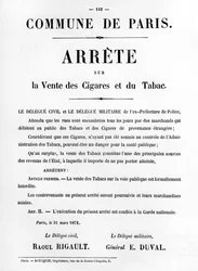 Arrêté sur la vente des cigares et du tabac, des affiches politiques françaises de la Commune de Paris