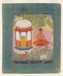 Ascète dans un paysage, illustrant le mode musical Bangali Ragini, vers 1675