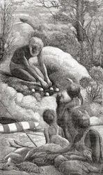 Des aborigènes australiens examinent le nid d