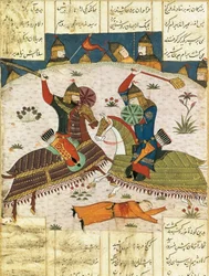 Attaque nocturne de Bahram Shubina sur le camp de Khusrau Parviz, vers 1420. Miniature peinte