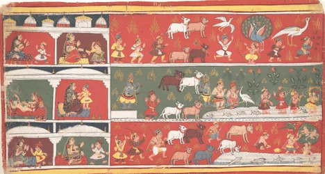 Bakasura, le démon grue, arrive à Brindavan... un Bhagavata Purana dispersé..., vers 1700