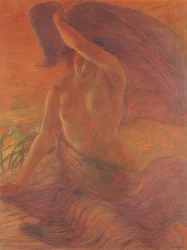 Femme aux seins nus portant un voile comme robe