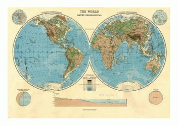 Carte bathy-orographique du monde, vers 1920