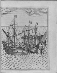 Bataille entre le navire Golden Hind de Francis Drake et le navire espagnol Cacafuego. De Levinus Hulsius