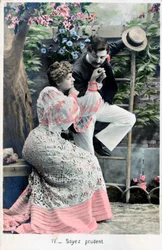 Faites attention, carte postale française vintage, vers 1900
