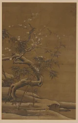Oiseaux, fleurs de prunier et bambou en hiver, 16ème siècle