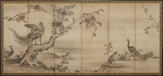Oiseaux, fleurs et arbres : au dos, bambous