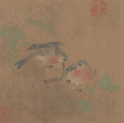 Oiseaux sur une branche fruitière