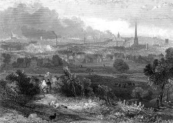 Birmingham vue du sud montrant des cheminées fumantes, vers 1860