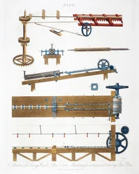 Perçage de tuyaux en bois, et coulée et tirage de tuyaux en fer, vers 1825