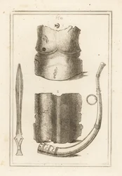 Plastron et dos de cuirasse romaine ancienne 1,2, lituus romain ou trompette militaire 3 et ancienne épée en laiton 4
