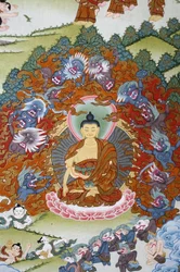 Bouddha Sakya Muni entouré par la tentation. Thangka, Bhaktapur, Népal