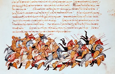 Cavaliers byzantins submergeant des cavaliers et des fantassins ennemis