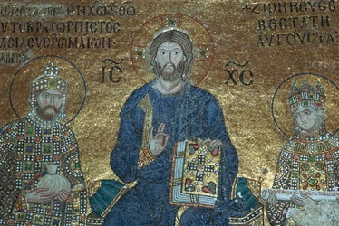 Mosaïque byzantine montrant le Christ en trône entre des dirigeants terrestres, 12e siècle