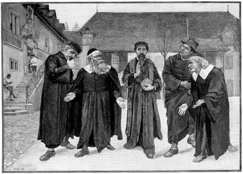 Calvin et les quatre syndics dans la cour du Collège de Genève