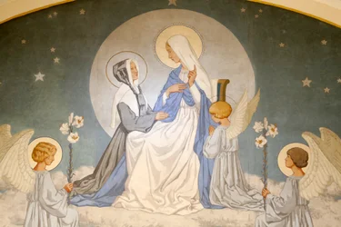 Catherine Labouré et la Vierge Marie. Fresque. Chapelle Notre-Dame de la Médaille Miraculeuse, Paris