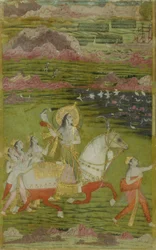 Chand Bibi Chassant avec des Assistants dans un Paysage