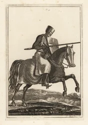 Chevalier en charge des XIIe et XIIIe siècles en cotte de mailles, casque plat, lance, bouclier en forme de poêle, jambières, selle de guerre