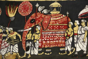 Impression sur tissu représentant le pèlerinage de la relique de la dent sacrée de Bouddha à Kandy, Sri Lanka Paris France