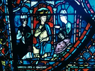 Lettre de Constantin présentée à Charlemagne, vitrail, cathédrale de Chartres, France, vers 1225