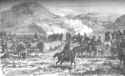 Couvrir la retraite du cinquante-huitième régiment après la bataille de Laings Nek, vers 1880