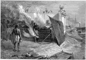 Crémation des morts sur des bûchers funéraires, Calcutta, Inde, 1879