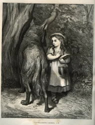 En traversant les bois, le Petit Chaperon rouge rencontre le loup. Gravure de Gustave Doré d