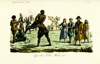 Danseur appelé Ulde Benaye 1, charmeur de serpents 2, deux hommes exécutant la danse Busardia 3, deux lutteurs 4, femme juive 5, homme juif 6, rabbin 7 et prostituée voilée 8