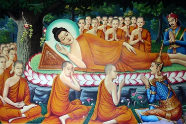 Représentation de la mort de Bouddha et de son entrée dans le nirvana. Cambodge