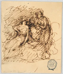 Dessin, Esquisse figurative avec une fille assise conversant avec une fille debout