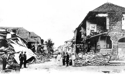 Dégâts du tremblement de terre, Duke Street, Kingston, Jamaïque, 1907